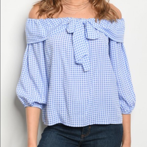 Blue Checker Bow Off Shoulder Top - Picture 4 of 8